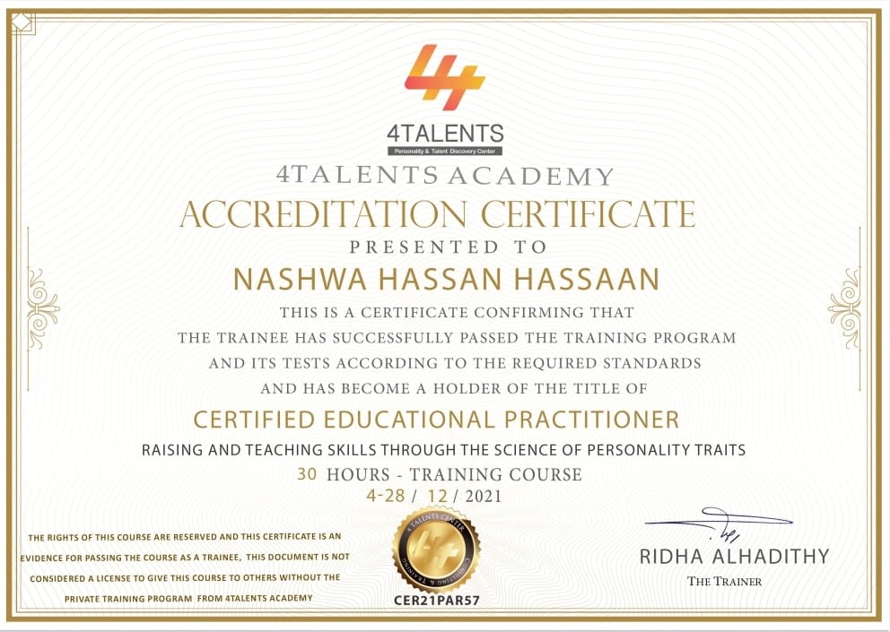 Certificat Nashwa Hassan
